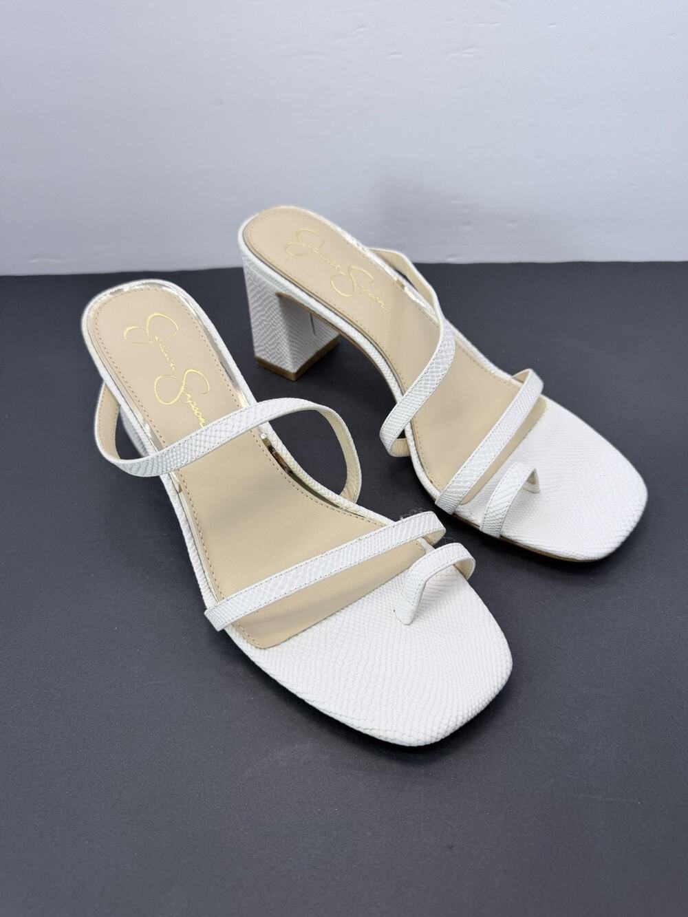 Jessica Simpson Willmena White Snake Print Block Heel Sandals Womenβs. Size 10